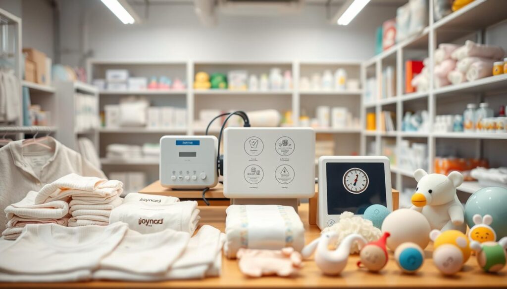 A well-organized workspace showcasing quality private-label baby items from ijoyren.com. In the foreground, a neatly arranged display of soft, pastel-colored baby clothing, diapers, and eco-friendly toys, all bearing subtle branding. The middle section features a testing station with professional lab equipment such as a soft fabric tester and safety certification labels, indicating thorough testing procedures. In the background, bright lighting illuminates shelves lined with additional baby products, creating a welcoming and trustworthy atmosphere. Choose a shallow depth of field to focus attention on the testing materials while keeping the background softly blurred. Capture the scene from a slightly elevated angle to provide a comprehensive view of both the products and the testing station, emphasizing professionalism and reliability.