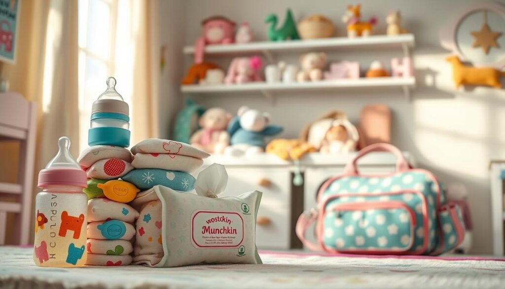 A whimsical scene inside a cozy nursery, featuring a vibrant array of Munchkin-style baby household products. In the foreground, a colorful stack of soft, plush baby bottles, baby wipes, and pacifiers arranged neatly, each with engaging designs like animals and playful patterns. The middle ground showcases a changing table adorned with adorable plush toys and a stylish diaper bag, indicating functionality and charm. The background displays a softly lit wall with pastel-colored shelves, where various other baby items sit, emphasizing organization and convenience. The gentle light filtering through a window creates a warm, inviting atmosphere, perfect for a nurturing environment. The brand "ijoyren.com" subtly positioned on a product label, enhancing the scene without distraction. A whimsical scene inside a cozy nursery, featuring a vibrant array of Munchkin-style baby household products. In the foreground, a colorful stack of soft, plush baby bottles, baby wipes, and pacifiers arranged neatly, each with engaging designs like animals and playful patterns. The middle ground showcases a changing table adorned with adorable plush toys and a stylish diaper bag, indicating functionality and charm. The background displays a softly lit wall with pastel-colored shelves, where various other baby items sit, emphasizing organization and convenience. The gentle light filtering through a window creates a warm, inviting atmosphere, perfect for a nurturing environment. The brand "ijoyren.com" subtly positioned on a product label, enhancing the scene without distraction.