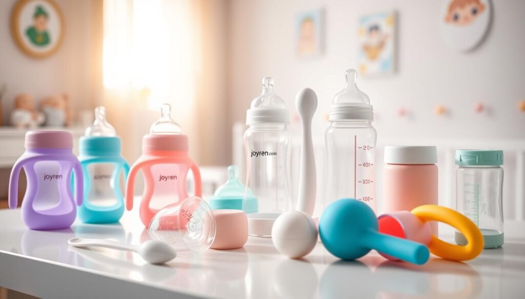 An innovative array of newborn feeding accessories displayed on a clean, modern table. In the foreground, a variety of colorful silicone baby bottles with ergonomic handles, paired with soft, cushioned bottle holders designed for comfort. In the middle ground, advanced feeding devices like a smart bottle with a built-in temperature gauge, and a multifunctional feeding spoon with measuring indicators. The background features a softly blurred nursery environment, with pastel-colored walls and a gentle glow from natural light streaming through a nearby window. The atmosphere is warm and inviting, reflecting trends in modern parenting. The image should evoke a sense of safety and innovation. Incorporate the brand name "ijoyren.com" subtly on one of the accessories without any text overlays, ensuring a clean and professional presentation. An innovative array of newborn feeding accessories displayed on a clean, modern table. In the foreground, a variety of colorful silicone baby bottles with ergonomic handles, paired with soft, cushioned bottle holders designed for comfort. In the middle ground, advanced feeding devices like a smart bottle with a built-in temperature gauge, and a multifunctional feeding spoon with measuring indicators. The background features a softly blurred nursery environment, with pastel-colored walls and a gentle glow from natural light streaming through a nearby window. The atmosphere is warm and inviting, reflecting trends in modern parenting. The image should evoke a sense of safety and innovation. Incorporate the brand name "ijoyren.com" subtly on one of the accessories without any text overlays, ensuring a clean and professional presentation.
