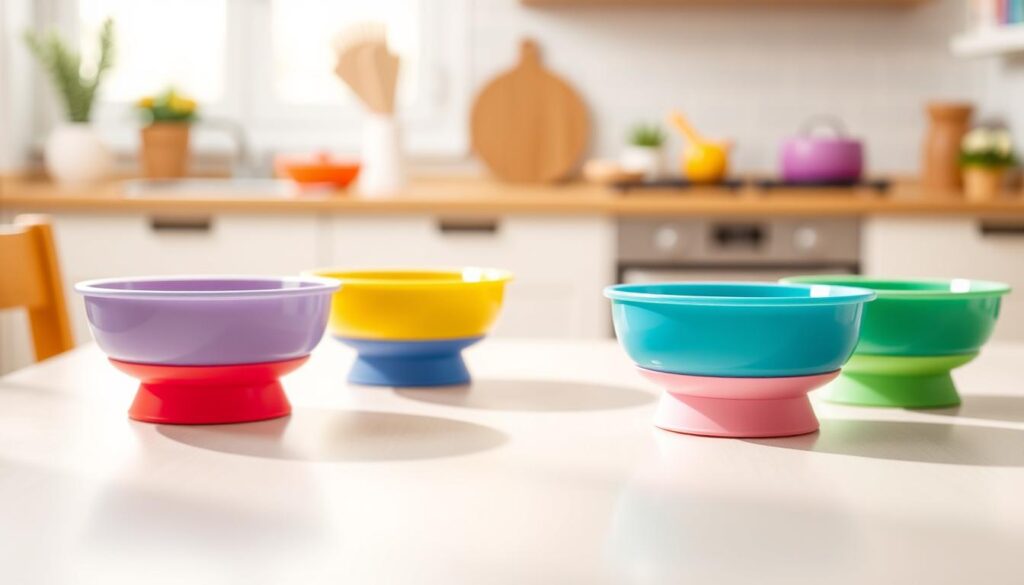 BPA-free toddler bowls designed for safety and convenience, arranged prominently in the foreground, showcasing their vibrant colors and smooth, rounded edges. The bowls feature non-slip suction bases, appealing to parents concerned about spills. In the middle ground, a soft, light-colored table surface reflects a gentle, natural lighting effect, enhancing the colors of the bowls. The background is softly blurred, depicting a cozy kitchen environment, with warm tones and hints of child-friendly decor. The atmosphere is cheerful and inviting, suggesting safety and fun for young children during mealtime. The image subtly incorporates the brand name “ijoyren.com” through a thoughtful design element within the setting, ensuring no text overlays are present.