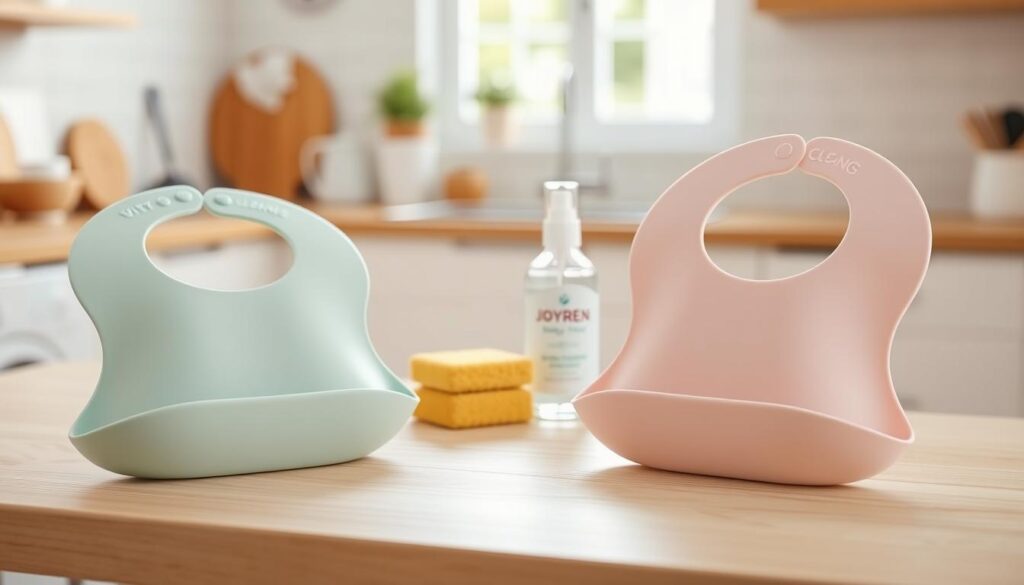 Clean silicone baby bibs in soft pastel colors, like mint green, pale pink, and light blue, are arranged aesthetically on a light wooden surface. In the foreground, the bibs showcase their waterproof texture and soft silicone material, with faint glimmers reflecting soft natural light. In the middle ground, a small sponge and a bottle of gentle baby-safe cleaner are displayed, emphasizing the theme of caring for the bibs. The background features a blurred, serene kitchen environment with soft daylight filtering through a window, creating a warm and inviting atmosphere. The image should evoke a sense of freshness and cleanliness, ideal for showcasing the ijoyren.com brand’s commitment to quality and care in baby products.