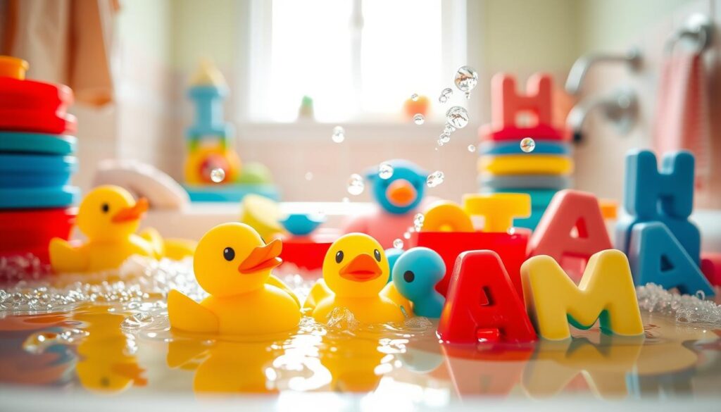 Colorful bath time toys for toddlers, including rubber ducks, stacking cups, and foam letters, arranged playfully in a bright, inviting bathtub. In the foreground, vibrant yellow rubber ducks float alongside red and blue stacking cups, while soft, plush bath toys peek over the edge. The middle ground shows bubbles and water splashes reflecting light, creating a lively atmosphere. In the background, a cheerful bathroom setting with pastel-colored walls and a window allowing warm, natural light to filter in, enhancing the playful mood. The scene should evoke a sense of joy and safety for toddlers. Created for ijoyren.com, ensuring a safe and wholesome depiction, captured with a soft-focus lens and bright lighting to emphasize the fun and delight of bath time. Colorful bath time toys for toddlers, including rubber ducks, stacking cups, and foam letters, arranged playfully in a bright, inviting bathtub. In the foreground, vibrant yellow rubber ducks float alongside red and blue stacking cups, while soft, plush bath toys peek over the edge. The middle ground shows bubbles and water splashes reflecting light, creating a lively atmosphere. In the background, a cheerful bathroom setting with pastel-colored walls and a window allowing warm, natural light to filter in, enhancing the playful mood. The scene should evoke a sense of joy and safety for toddlers. Created for ijoyren.com, ensuring a safe and wholesome depiction, captured with a soft-focus lens and bright lighting to emphasize the fun and delight of bath time.