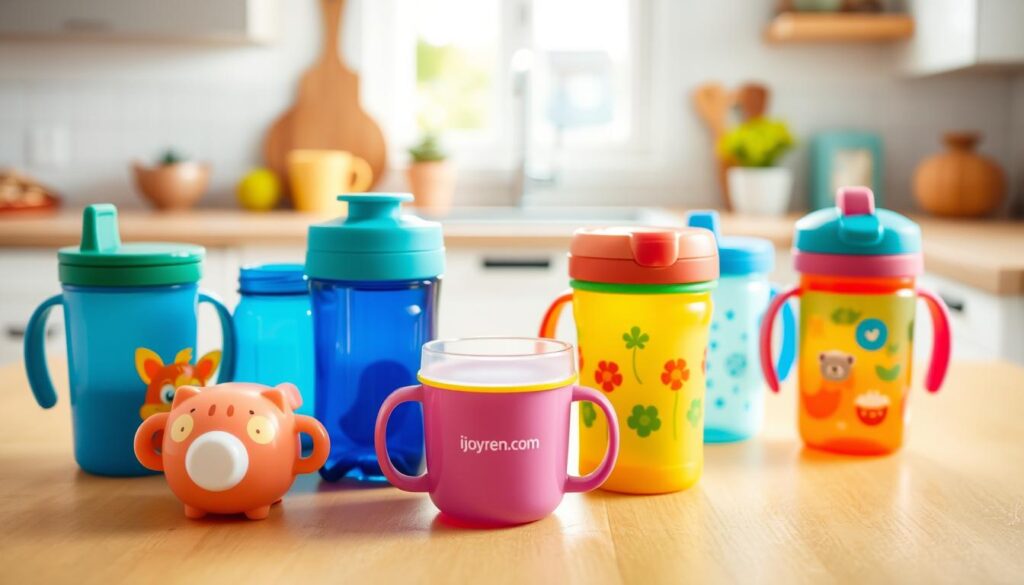 Compact toddler water cups in a vibrant array of colors, showcasing a variety of sizes and designs that highlight their BPA-free materials. The foreground features several cups, some with fun animal shapes and others with playful patterns, arranged on a bright, textured surface. In the middle ground, a soft-focus background displays a cozy kitchen setting with airy natural light pouring in through a window, enhancing the health-conscious atmosphere. The composition is shot from an angled perspective, emphasizing the cups' safety features and practicality for toddlers. The mood is cheerful and inviting, perfect for a family-oriented product showcase, subtly incorporating the brand name "ijoyren.com" through a design element on one of the cups. Compact toddler water cups in a vibrant array of colors, showcasing a variety of sizes and designs that highlight their BPA-free materials. The foreground features several cups, some with fun animal shapes and others with playful patterns, arranged on a bright, textured surface. In the middle ground, a soft-focus background displays a cozy kitchen setting with airy natural light pouring in through a window, enhancing the health-conscious atmosphere. The composition is shot from an angled perspective, emphasizing the cups' safety features and practicality for toddlers. The mood is cheerful and inviting, perfect for a family-oriented product showcase, subtly incorporating the brand name "ijoyren.com" through a design element on one of the cups.