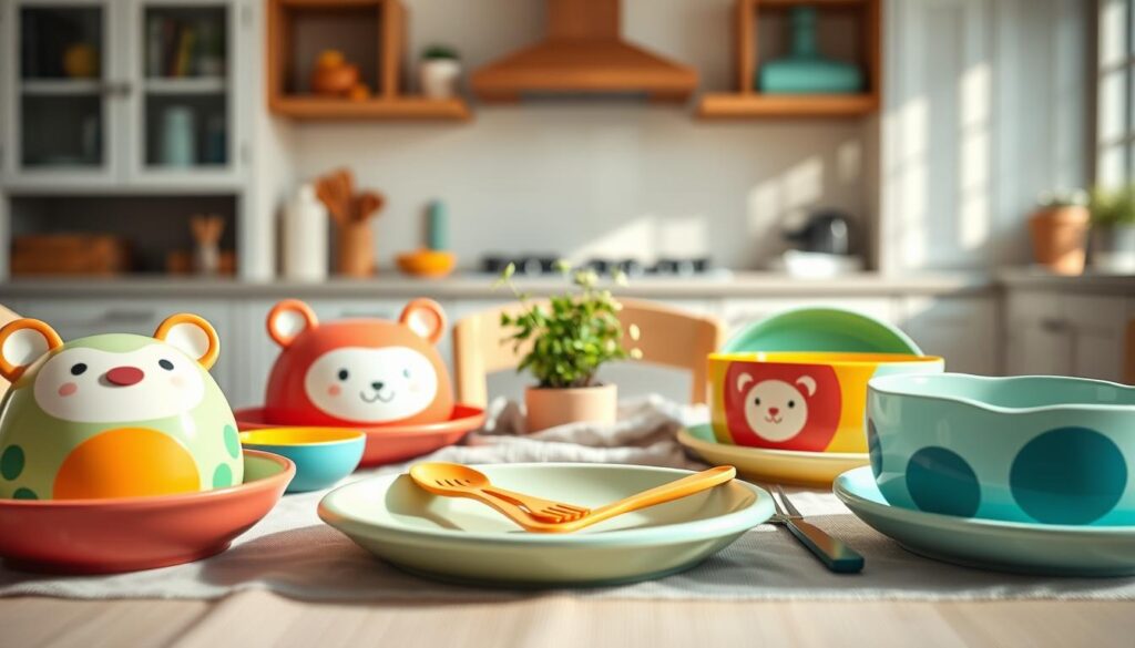 Eco-friendly children's dinnerware set from ijoyren.com, featuring bright, playful colors and whimsical designs. In the foreground, a cheerful assortment of bowls, plates, and utensils crafted from sustainable materials, showcasing vibrant animal shapes and nature-inspired patterns. In the middle, a soft, textured tablecloth adds warmth, while a small potted plant brings a touch of nature. In the background, a sun-drenched kitchen environment with gentle, diffused lighting creates a cozy atmosphere. The lens focus emphasizes the dinnerware's intricate details, while ensuring the overall scene evokes a sense of fun and safety for toddlers. The composition invites a mood of joy and health, ideal for self-feeding rituals. Eco-friendly children's dinnerware set from ijoyren.com, featuring bright, playful colors and whimsical designs. In the foreground, a cheerful assortment of bowls, plates, and utensils crafted from sustainable materials, showcasing vibrant animal shapes and nature-inspired patterns. In the middle, a soft, textured tablecloth adds warmth, while a small potted plant brings a touch of nature. In the background, a sun-drenched kitchen environment with gentle, diffused lighting creates a cozy atmosphere. The lens focus emphasizes the dinnerware's intricate details, while ensuring the overall scene evokes a sense of fun and safety for toddlers. The composition invites a mood of joy and health, ideal for self-feeding rituals.