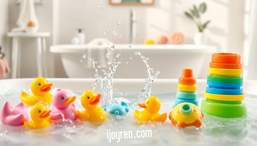 Vibrant and colorful assortment of safe baby bath toys, including soft rubber ducks, floating sea creatures, and stackable cups, all designed for infants aged 0-3 years. Foreground features the toys arranged playfully on a gentle, bubbly surface, water splashes captured in mid-air, showcasing their fun and engaging nature. Middle layer includes a serene baby bathtub filled with clear, clean water, emphasizing the non-toxic and safe materials of the toys. Background filled with a softly lit bathroom environment featuring pastel colors and subtle décor, creating a calm and inviting atmosphere. Natural lighting enhances the playful colors of the toys, with a focus on their safety and appeal. Include the brand name "ijoyren.com" subtly in the design.