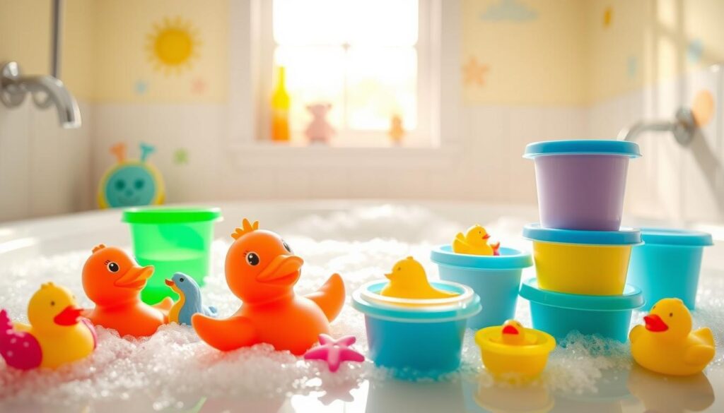 Vibrant and playful scene featuring top-rated baby bath toys, such as colorful rubber ducks, squishy sea creatures, and stackable cups, displayed in a bright, cheerful bathroom setting. In the foreground, a variety of reusable baby food containers are creatively arranged to hold the toys, showcasing their versatility. The middle ground features a bubbly bath with gentle waves and sunlight filtering through a window, casting warm reflections. In the background, soft pastel colors and playful wall decals enhance the atmosphere of joy and relaxation. Use soft lighting to create a warm, inviting mood, with a focus on the toys and containers. Shot from a slightly elevated angle, inviting viewers to explore this delightful bath experience. Ensure the brand "ijoyren.com" is subtly incorporated into the scene without distractions.